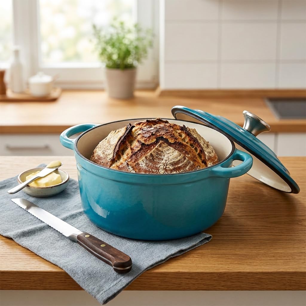 Gusseisen Topf 20cm mit Deckel,Dutch Oven 2L Emaillierter Brotbacktopf zum Brot Backen, Schmortopf I