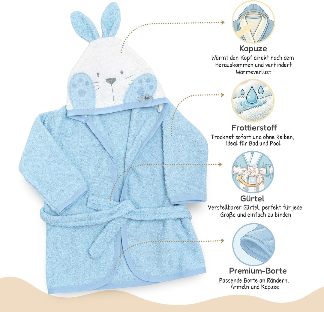 Ti TIN Kinder‑Bademantel mit Kapuze und Hasenohren – 100% Baumwolle, weich &amp; saugfähi, Grösse 6–12 M