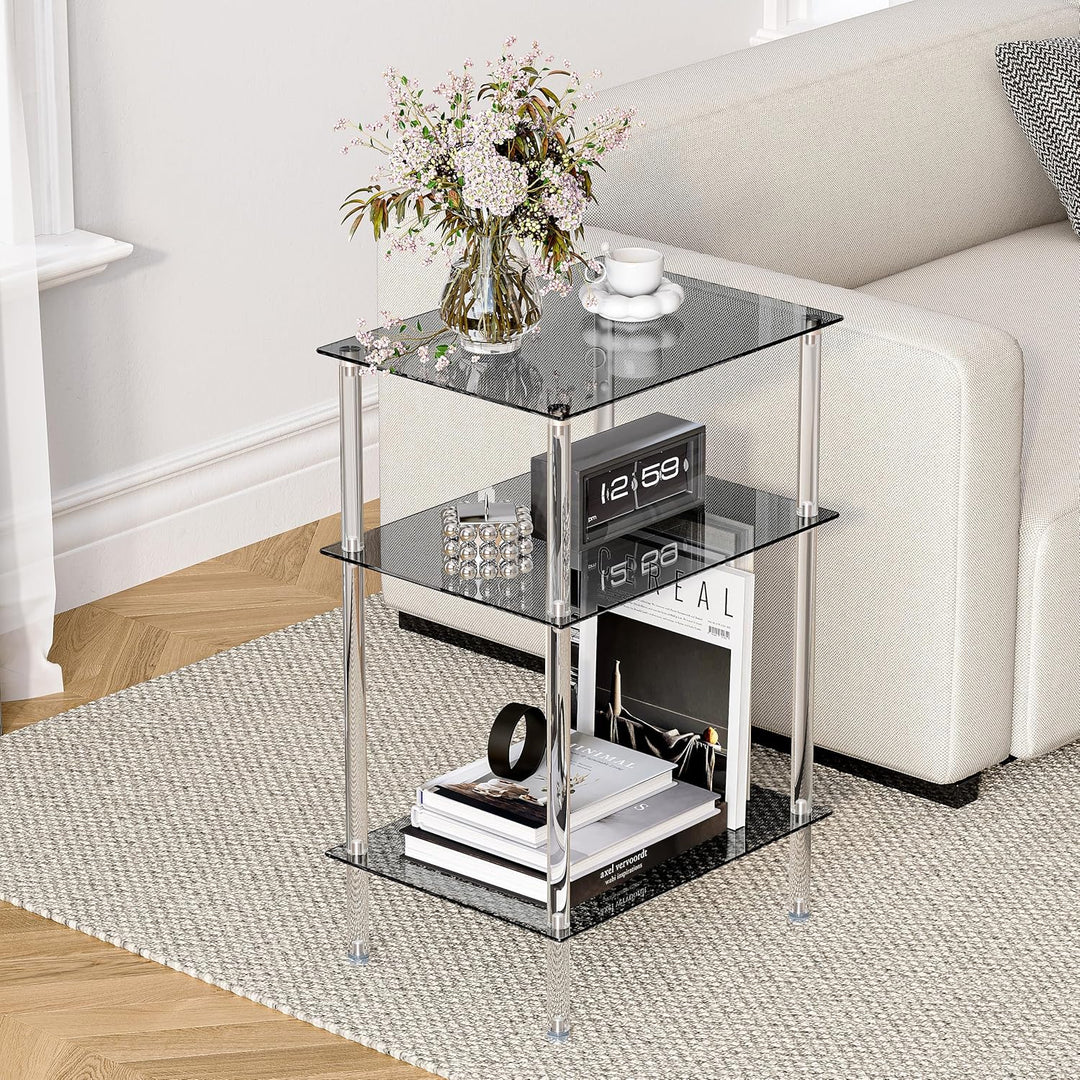 Moderner Beistelltisch Glas Eckig Transparenter Tisch mit 3 Ablagen Nachttisch Glastisch Side Table