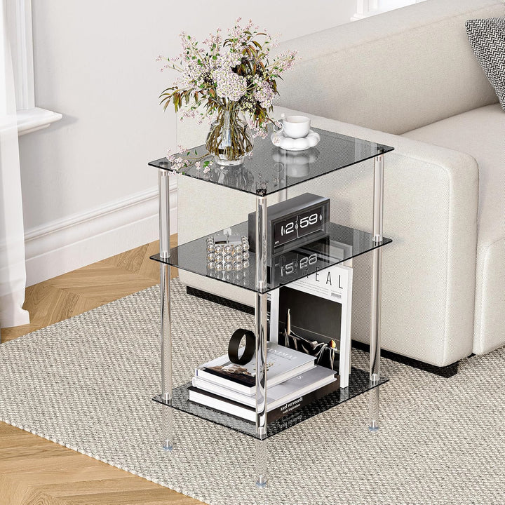 Moderner Beistelltisch Glas Eckig Transparenter Tisch mit 3 Ablagen Nachttisch Glastisch Side Table