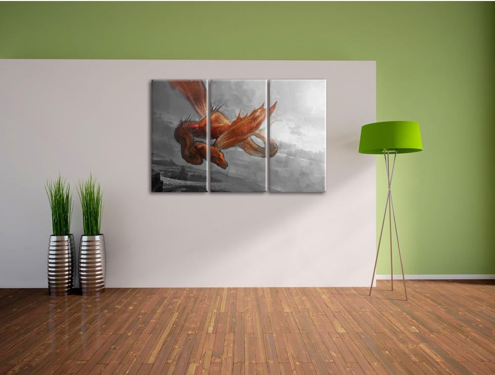 Pixxprint Roter Schlangendrache als Leinwandbild/Grösse: 3 Teilig (120x80) cm/Wandbild/Kunstdruck/fe