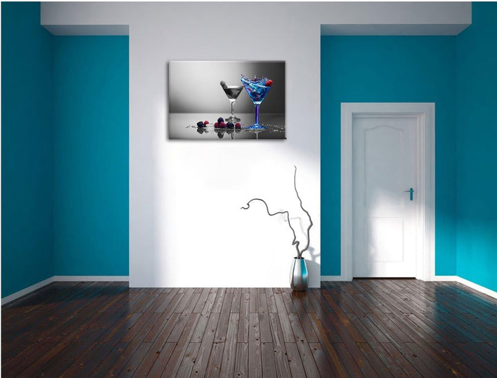 Blauer leckerer Cocktail schwarz/weiss Format: 100x70 auf Leinwand, XXL riesige Bilder fertig gerahm