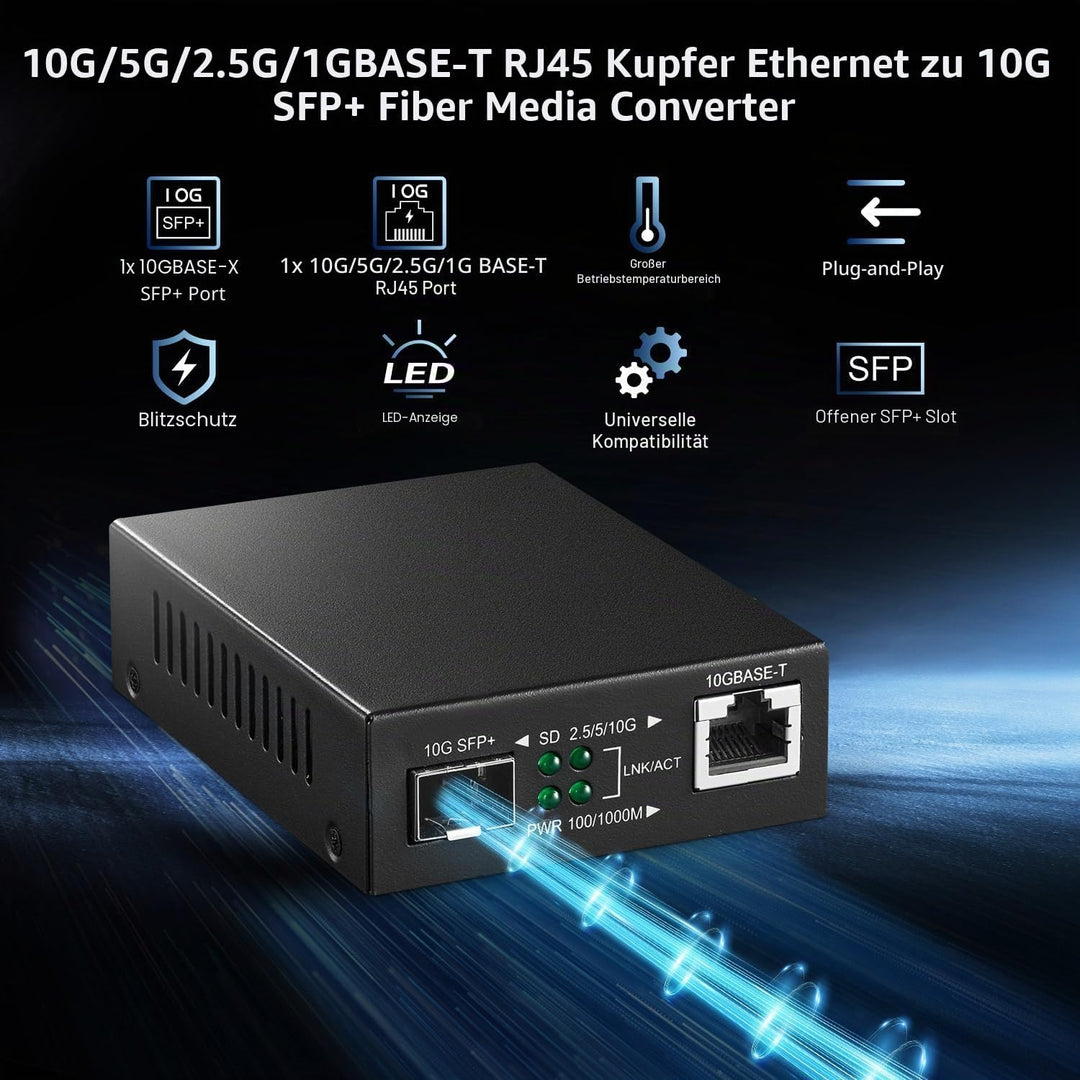 Binardat 10G Fiber Media Coverter, 2 Port 10 Gigabit Ethernet Switch, 1 x 10G RJ45 Port, 1 x 10G SFP