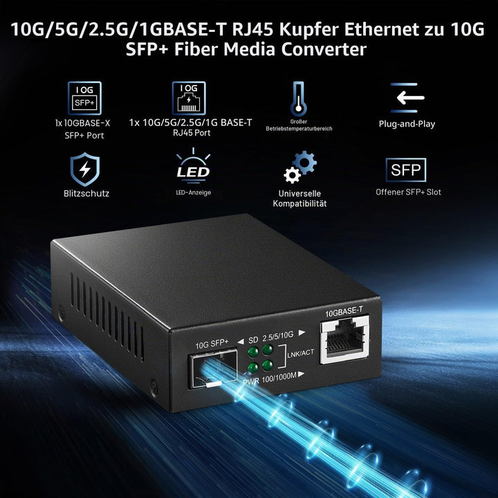 Binardat 10G Fiber Media Coverter, 2 Port 10 Gigabit Ethernet Switch, 1 x 10G RJ45 Port, 1 x 10G SFP