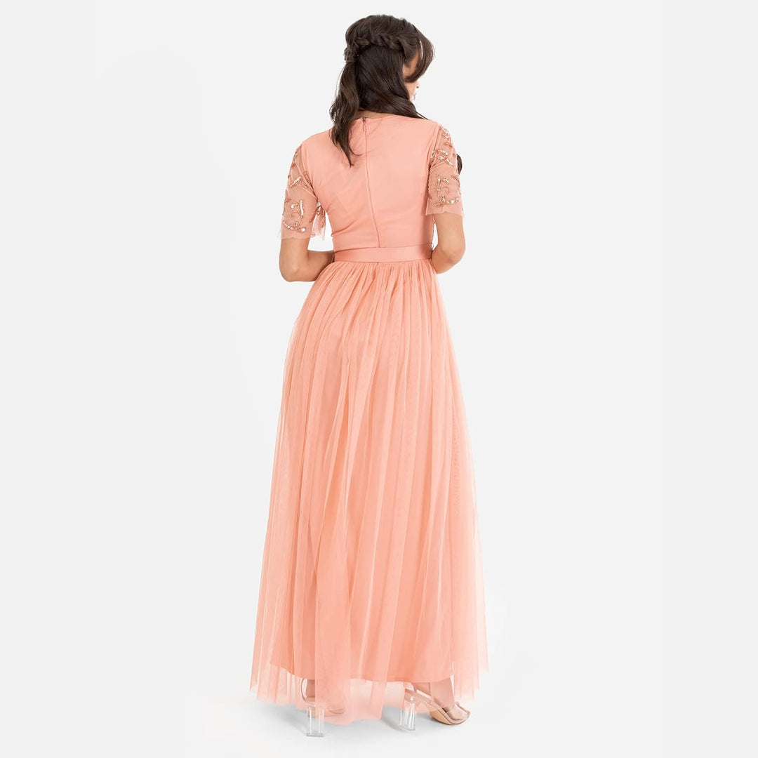 Maya Deluxe Damen Womens Maxi Dress Ladies Ball Gown for Wedding Guest Embellished Tie Waist V Neck