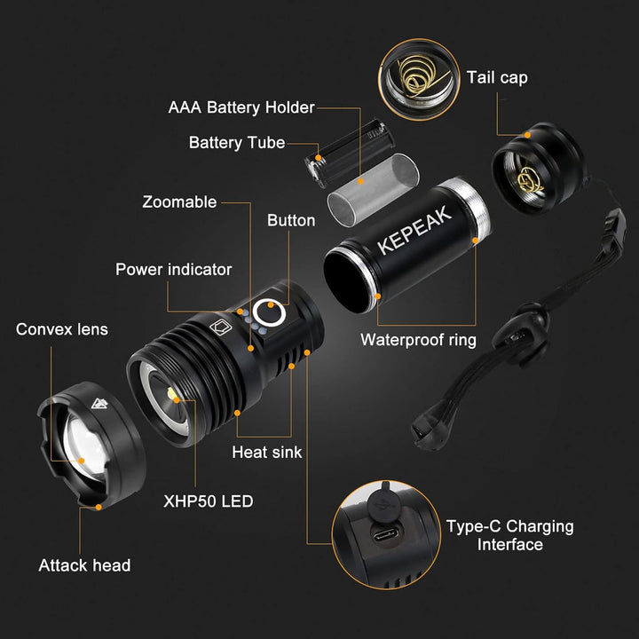 KEPEAK 5000 Lumen Led Taschenlampe Koffer-Set Ideal für Outdoor Camping, Extrem Hell Taschenlampe Le