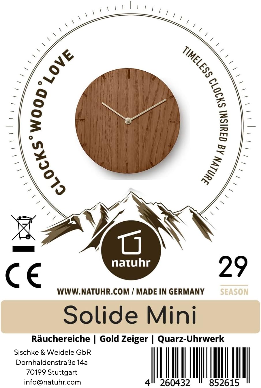 Natuhr Wanduhr Eiche rustikal Holz Solide 20 cm Mini Massivholz, geräuscharmes U.T.S. Uhrwerk (Räuch