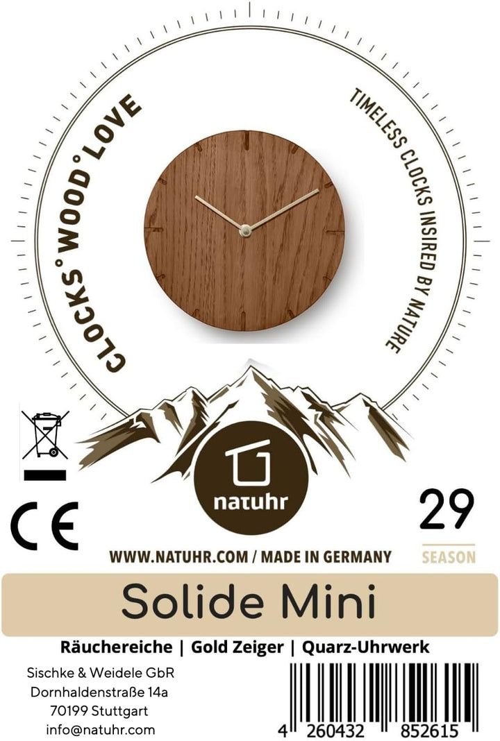 Natuhr Wanduhr Eiche rustikal Holz Solide 20 cm Mini Massivholz, geräuscharmes U.T.S. Uhrwerk (Räuch