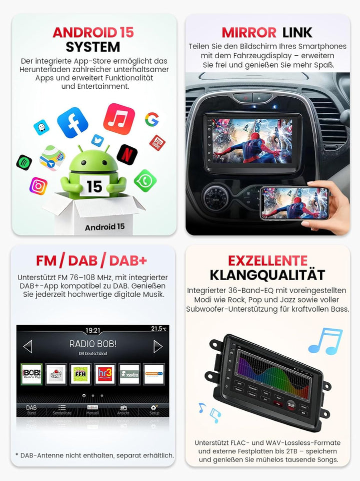Doppel DIN Autoradio mit Bildschirm für Dacia Logan Duster, Renault Captur, Wireless CarPlay & Andro