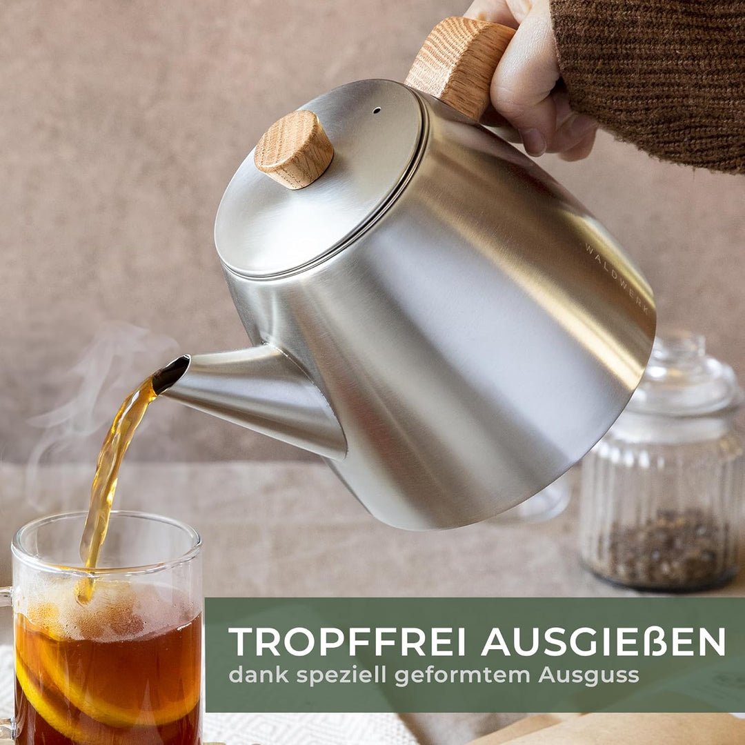 WALDWERK Teekanne mit Siebeinsatz - Doppelwandige Teekanne 304 Edelstahl - Teebereiter mit Eichenhol