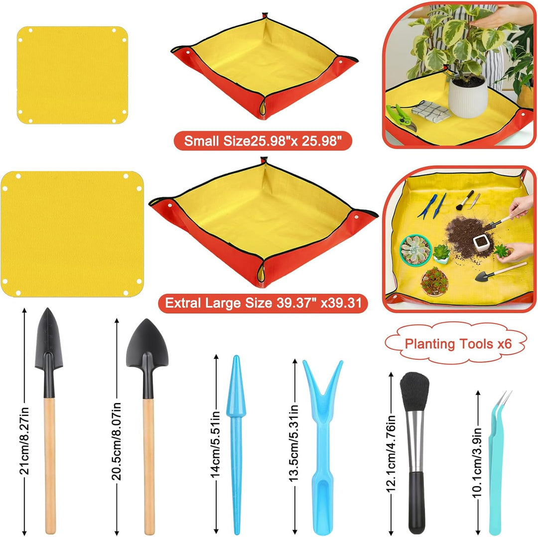 2 Stück Umtopfmatte zum Umpflanzen von Pflanzen, 99cm grosse Gartenmatte und 66cm orangefarbene Topf