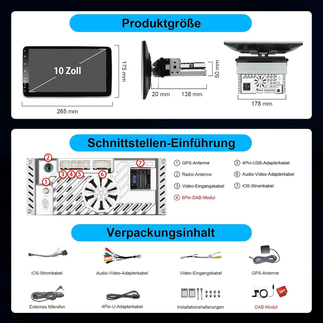 10 Zoll 1 Din Car Radio Android Autoradio mit Bildschirm 8-Kern DAB+ Wireless Android Auto & Apple C