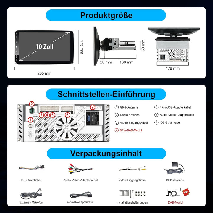 10 Zoll 1 Din Car Radio Android Autoradio mit Bildschirm 8-Kern DAB+ Wireless Android Auto & Apple C