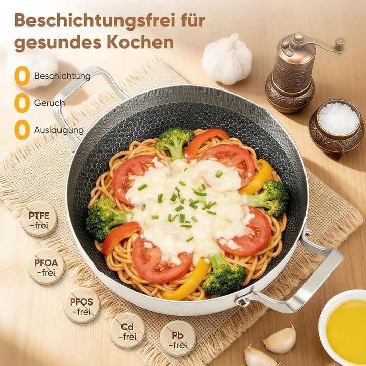 Schmorpfanne hoher Rand, Pfanne mit Deckel aus Glas,Wabenpfanne mit kratzfester Antihaftbeschichtung