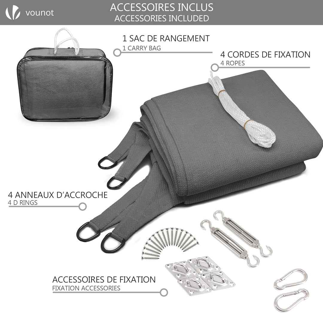 VOUNOT® Sonnensegel Rechteckig mit Befestigung Set, Sonnenschutz Atmungsaktiv und UV Schutz, für Bal