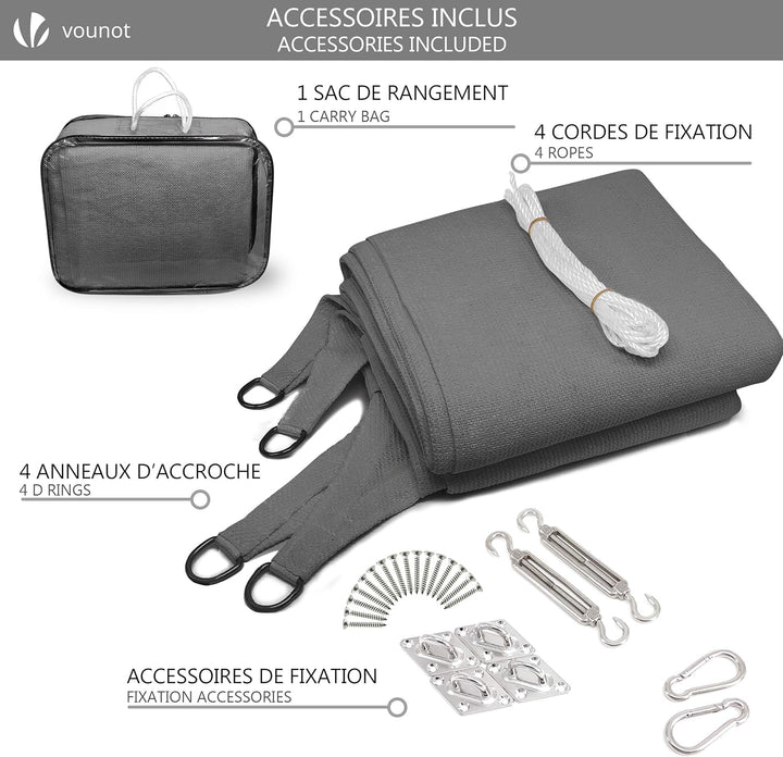 VOUNOT® Sonnensegel Rechteckig mit Befestigung Set, Sonnenschutz Atmungsaktiv und UV Schutz, für Bal