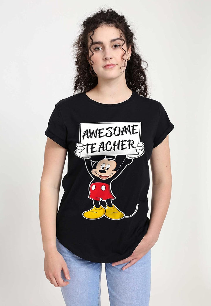 Disney Damen Classic-Mickey Awesome Teacher Women's Organic Rolled Sleeve T-Shirt XL Schwarz, XL Sch