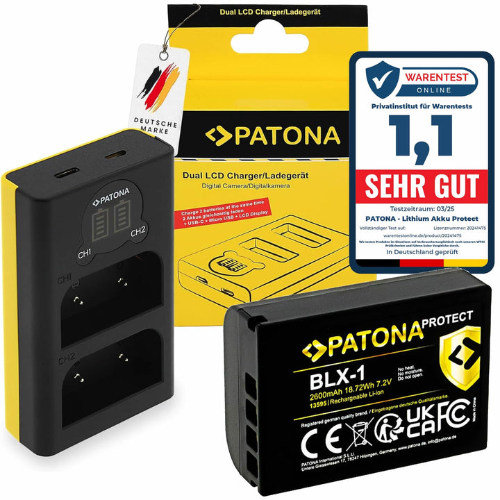 PATONA V1 Protect Akku BLX-1 (2250mAh) inkl. NTC-Sensor und V1 Gehäuse - mit USB LCD Ladegerät (1713