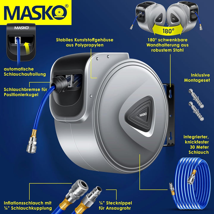 MASKO® Automatik Druckluftschlauch Aufroller 30m – Schlauchtrommel mit 1/4" Anschluss, Schlauchaufro