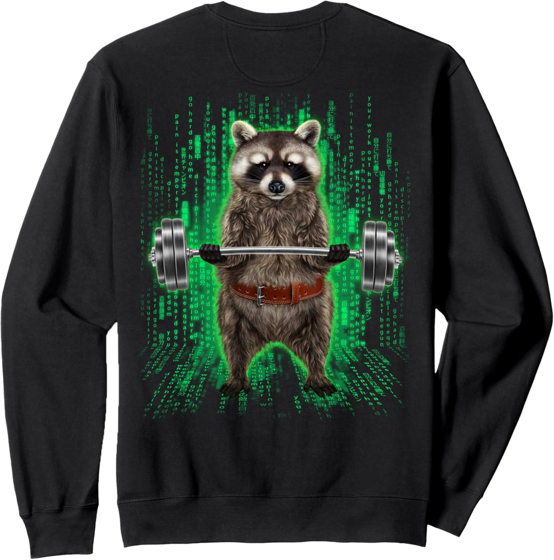 Waschbär, der Gewichte im Cyber-Fitnessstudio hebt Sweatshirt