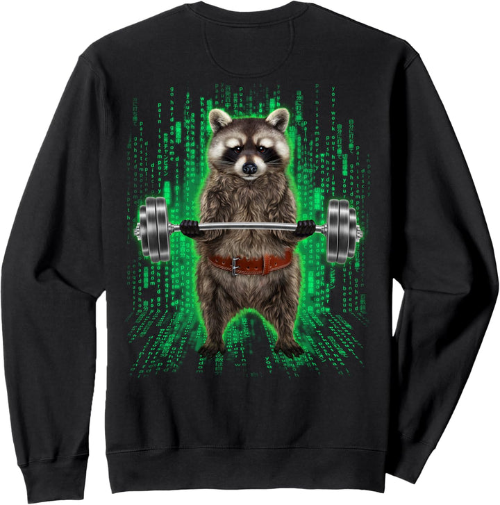 Waschbär, der Gewichte im Cyber-Fitnessstudio hebt Sweatshirt