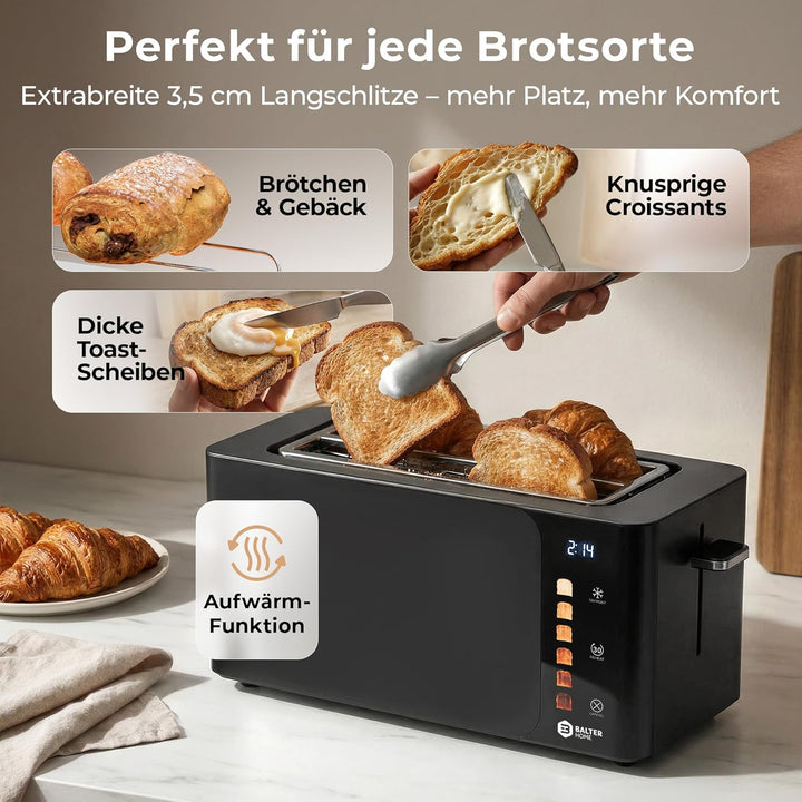 Balter Toaster 4 Scheiben Touch Bedienung, Langschlitz, Edelstahl, Brötchenaufsatz, LCD Display Rest