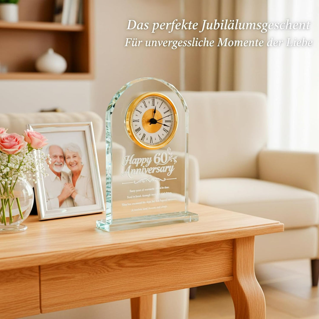 Hoypeyfiy Romantische Kristall Tischuhr, Elegante Glas Uhr für das 60. Hochzeitsjubiläum Geschenk, D