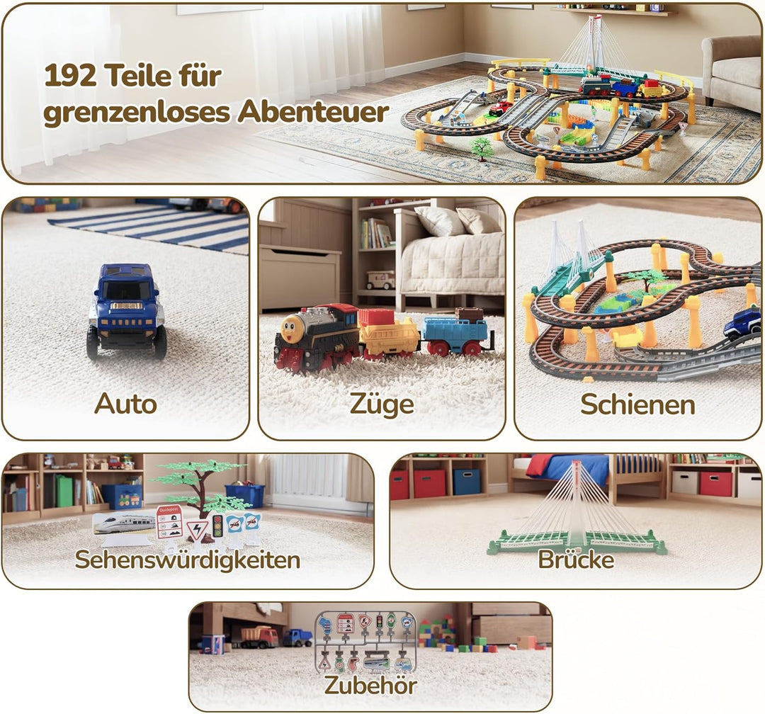 Kinderplay Elektrische Eisenbahn mit Rennbahn - Bahngleise, Autorennbahn, Batteriebetriebener Zug, 2
