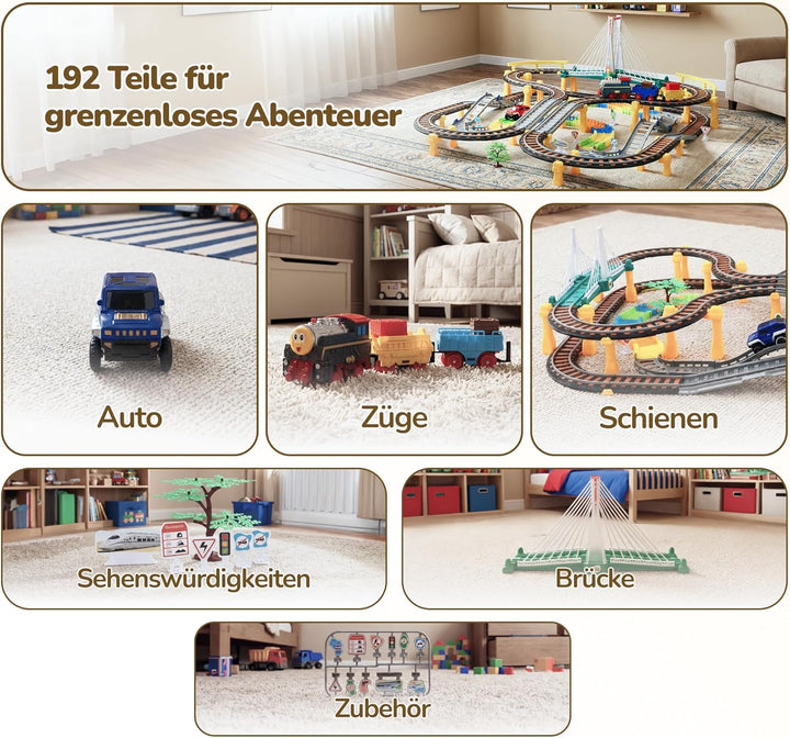 Kinderplay Elektrische Eisenbahn mit Rennbahn - Bahngleise, Autorennbahn, Batteriebetriebener Zug, 2