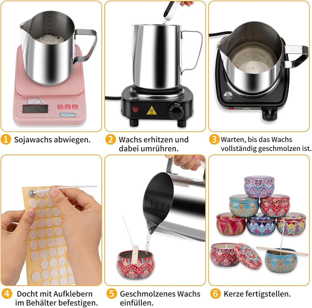 JelyArt Kerzenherstellung Kit Kerzen Selber Machen Set inkl Wachsschmelztopf (900ml), 6 Dosen, 100 D