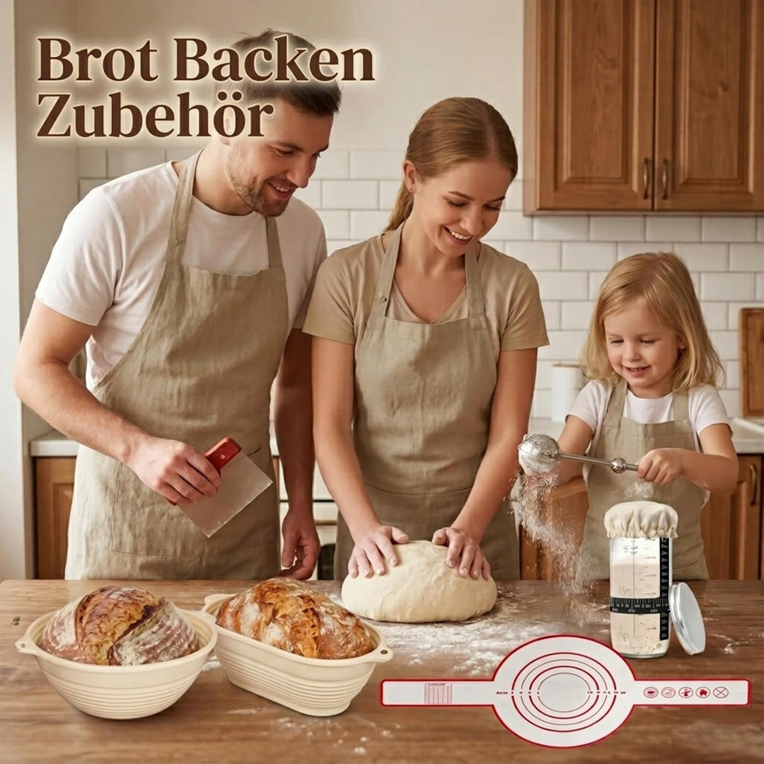 Sauerteig Starter Set, Brot backen Zubehör 24 teilig, Gärkorb Brot Rund 23cm und Oval 25cm, Brotkorb