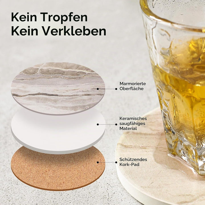 LIFVER Untersetzer Gläser, 6er Glasuntersetzer Set im Marmor-Stil, Saugfähige Untersetzer mit Korkbo