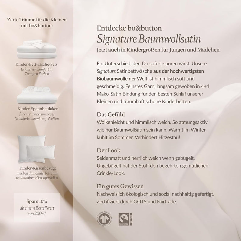 bo&button® Kinder Baby Spannbettlaken, Mako Satin, 100% GOTS Bio Baumwolle, 120 g/m2, Fairtrade, sup