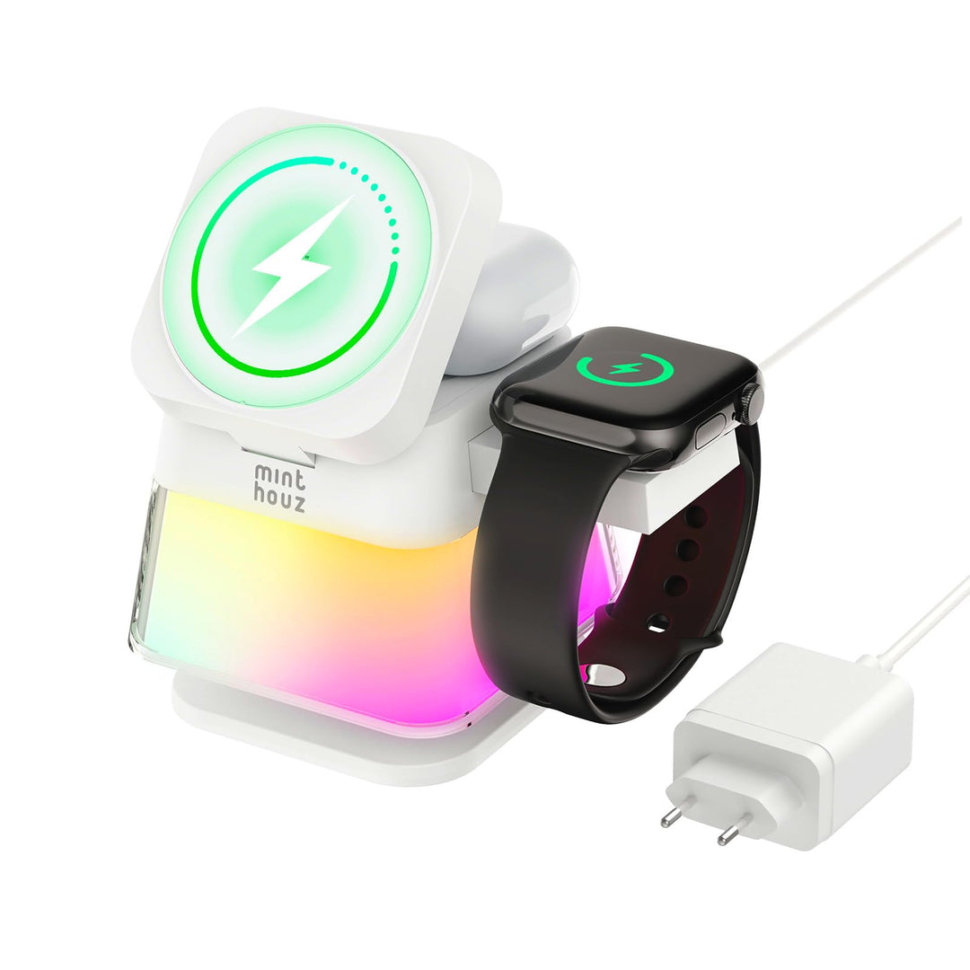 Minthouz 3-in-1 MagSafe Ladestation mit Nachtlicht, Induktive Ladestation für Apple Watch und iPhone