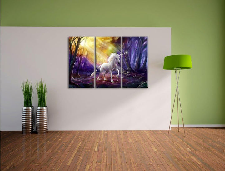 Pixxprint Einhorn im Märchenwald als Leinwandbild | Grösse: 3 Teilig (120x80) | Wandbild| Kunstdruck