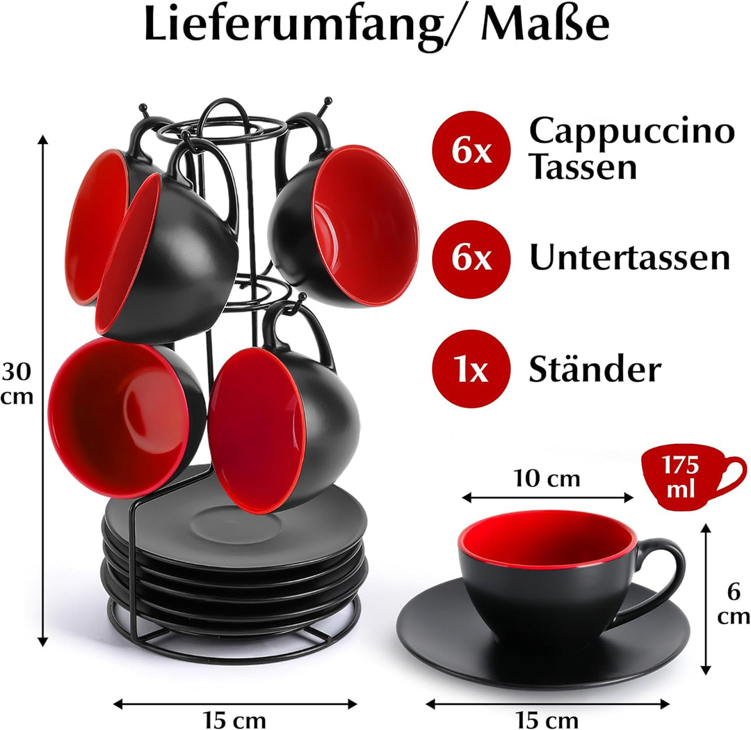 MIAMIO - 6 x 175 ml Tasse Cappuccino Tassen mit Unterteller & Ständer/Cappuccinotassen Set - Le Papi