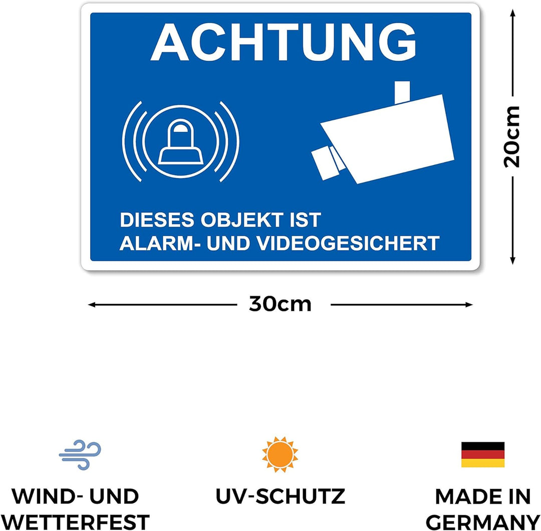 5 Stück Achtung dieses Objekt ist Alarm und Videogesicht Schild 20 x 30 cm aus stabiler PVC Hartscha