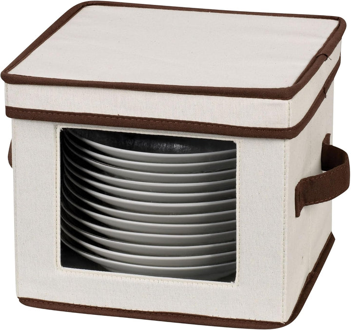 Household Essentials Dessert Plate or Bowl Storage Chest, Natural Canvas with Brown Trim Desserttell