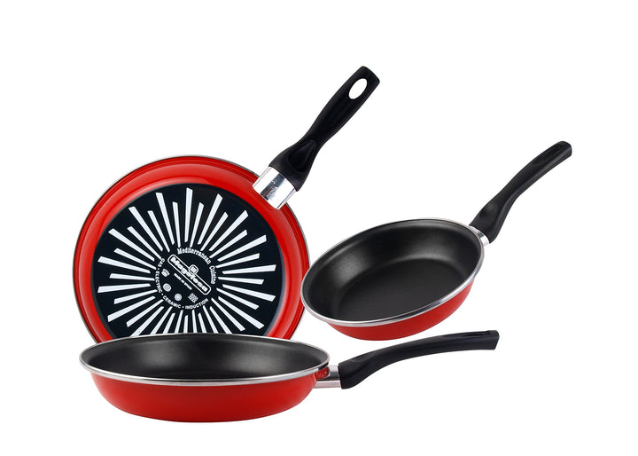 MAGEFESA Grana Pfannen-Set, 3-teilig, 18/20/24 cm, emaillierter Stahl, aussen rot, zweilagige Antiha
