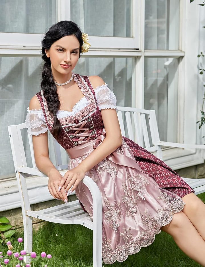 KOJOOIN Trachtenkleid Dirndl Kurz Damen Midi für Oktoberfest 3tlg.- DREI Teilig: Kleid, Bluse, Schür