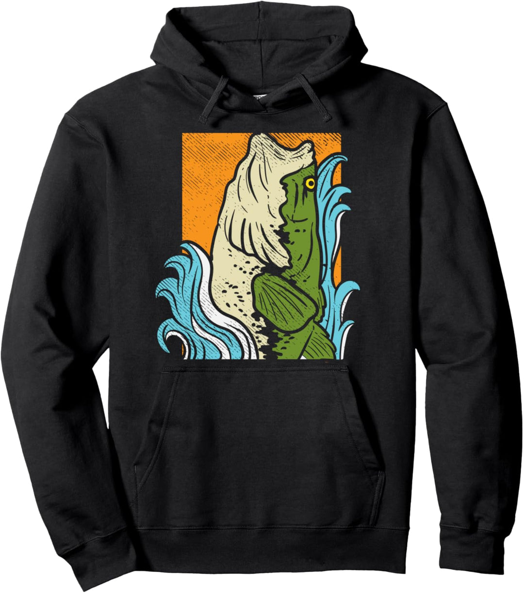 Hooked Fish Poster Retro Bass Fishing Fisherman Angler Gift Pullover Hoodie