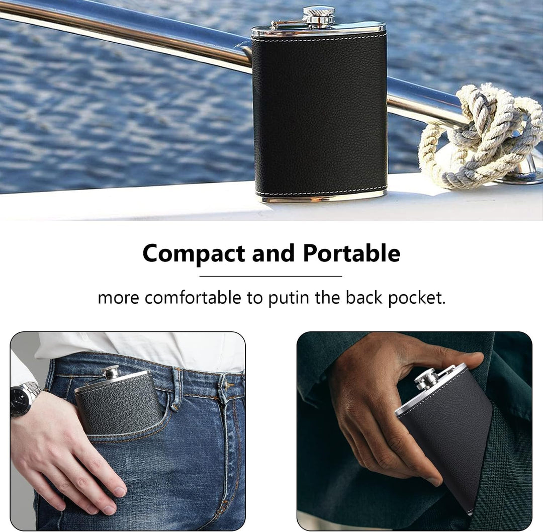Flachmann Geschenkset Personalisiert 8oz+3oz, Schwarz Leder Mit Schnapsbecher Edelstahl, Signatursti