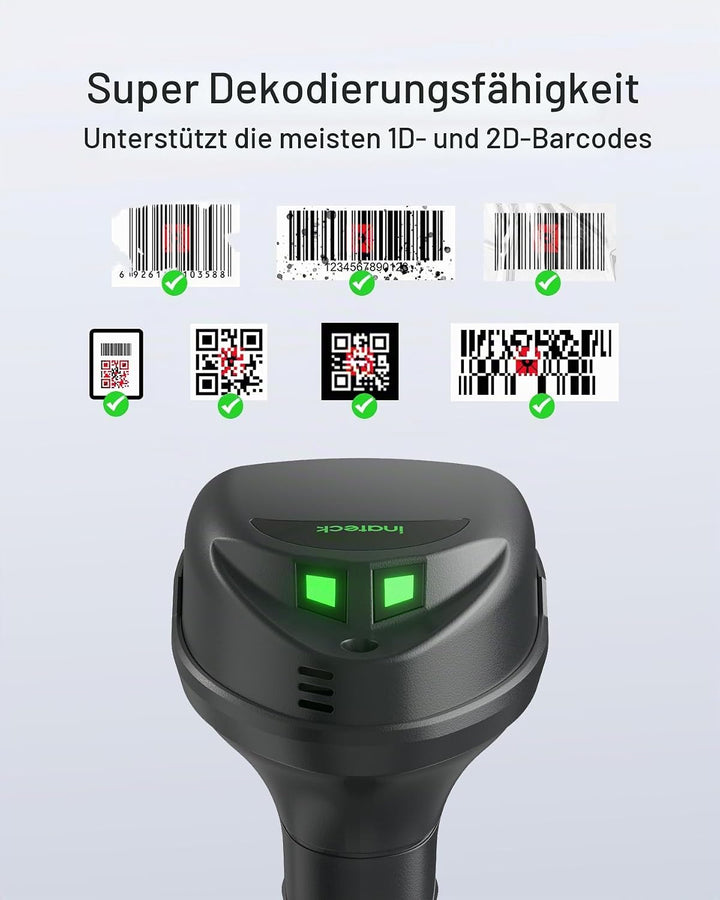 Inateck Barcode Scanner Kabellose, QR Code Scanner mit Smart Base, 1D/2D, Bluetooth/2.4G/USB 3-in-1-
