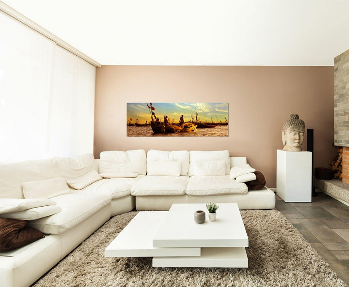 Paul Sinus Art Panoramabild auf Leinwand und Keilrahmen 150x50cm Meer Sonnenaufgang Fischerboote Fis