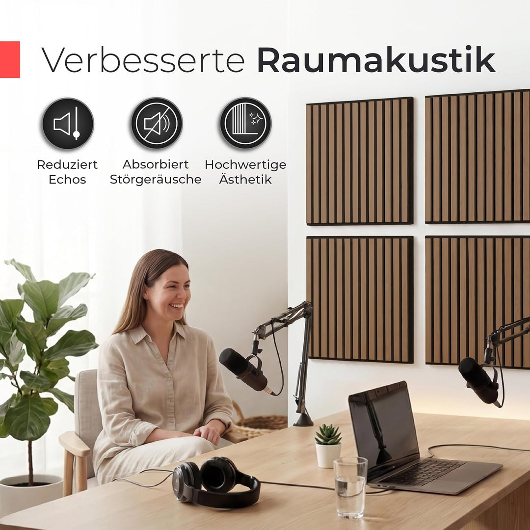 Akustikpaneele Holz - 60x60 cm - Echtholz Eiche &amp; Akustikfilz | 1 Stück - Wandpaneele, Schalldämmung