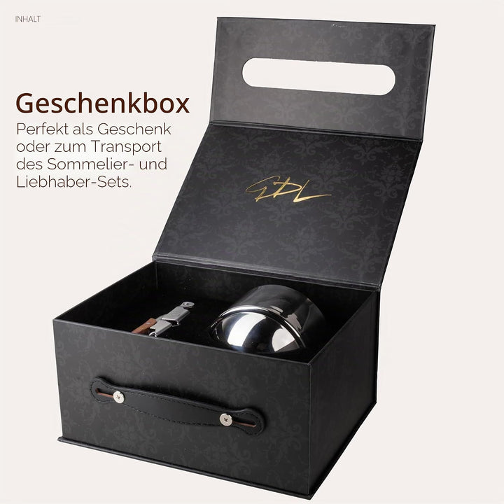 Filter zum Dekantieren des Weins in Trichterform aus Stahl mit Schichtstruktur und ergonomischem Gri