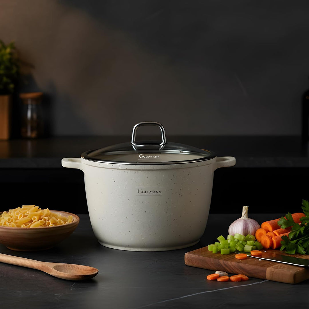 GOLDMANN 24 CM Aluguss-Kochtopf/Suppentopf (6.2L) mit Glasdeckel, Marmor-Keramik-Antihaftbeschichtun