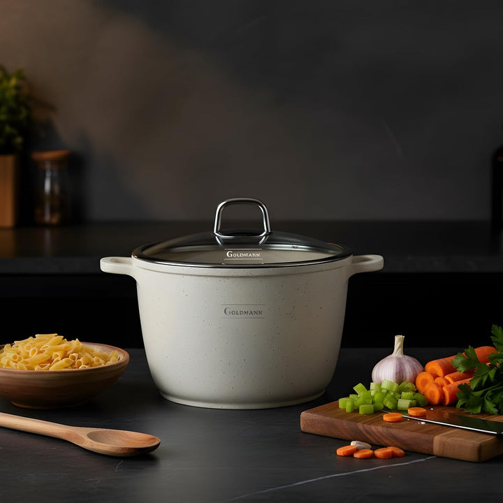 GOLDMANN 24 CM Aluguss-Kochtopf/Suppentopf (6.2L) mit Glasdeckel, Marmor-Keramik-Antihaftbeschichtun
