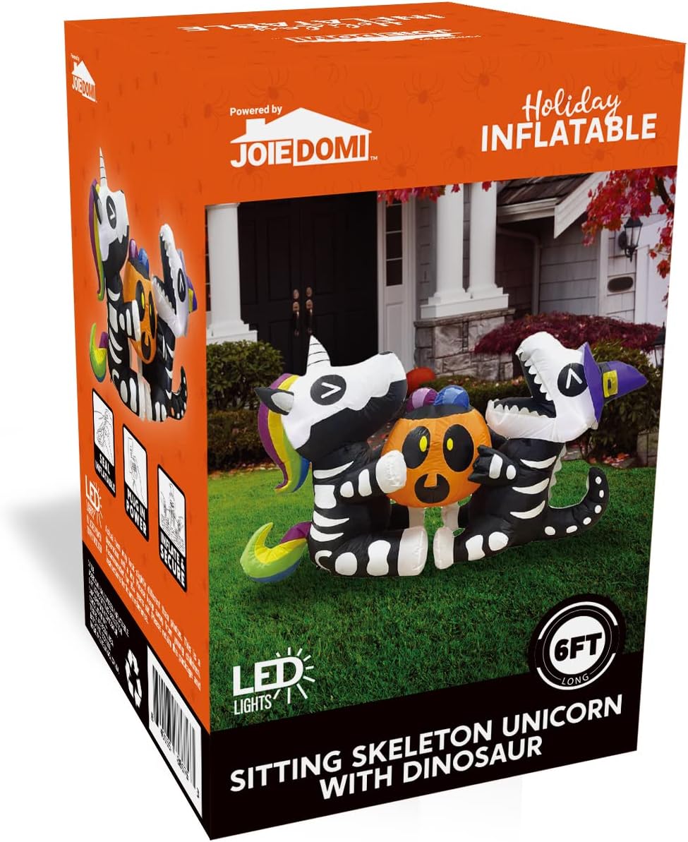 Joiedomi 1,8 m langes Halloween Aufblasbares Sitzendes Skelett Einhorn und Dinosaurier Halten Kürbis