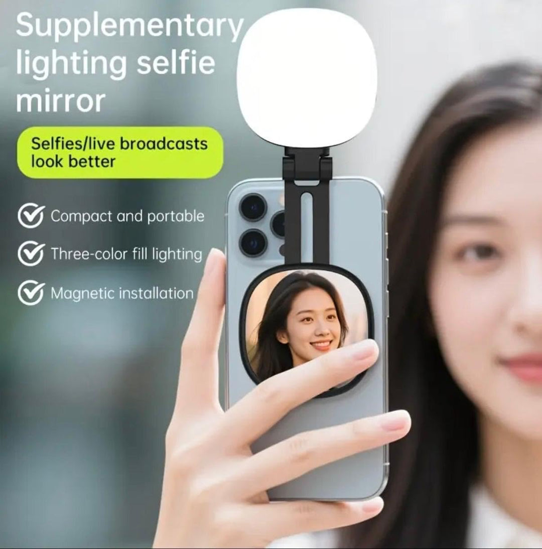 Magnetisches Selfie-Licht mit Spiegel für Smartphone, Multifunktional mit 360° Rotation, 270° Neigun